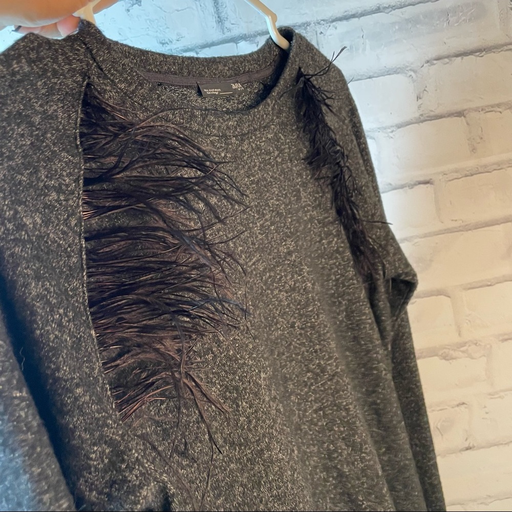 Zara Long Sleeve Grey Top Black Feather Detail Small